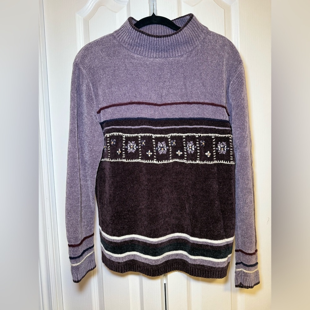 90s Vintage Floral Lavender Dark Brown/Burgundy Cozy Warm Women’s Sweater Size S